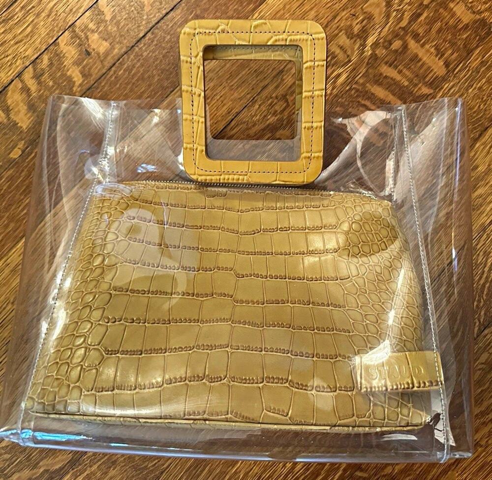 STAUD Tan Croc Embossed Faux Leather Clutch Bag Gold Hardware Zip Closure